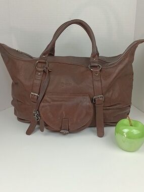 Bassini Med Size Brown Leather Top-Handle Travel Tote Bag